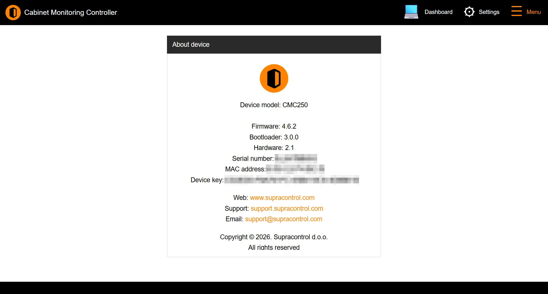 About device page listing the model, firmware, and hardware identifiers