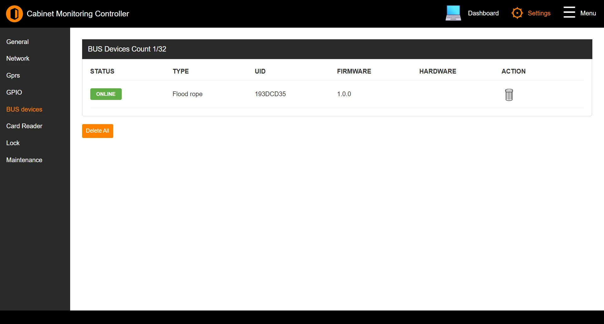 BUS Devices table listing connected peripherals with STATUS, TYPE, UID, FIRMWARE, HARDWARE, and a delete action