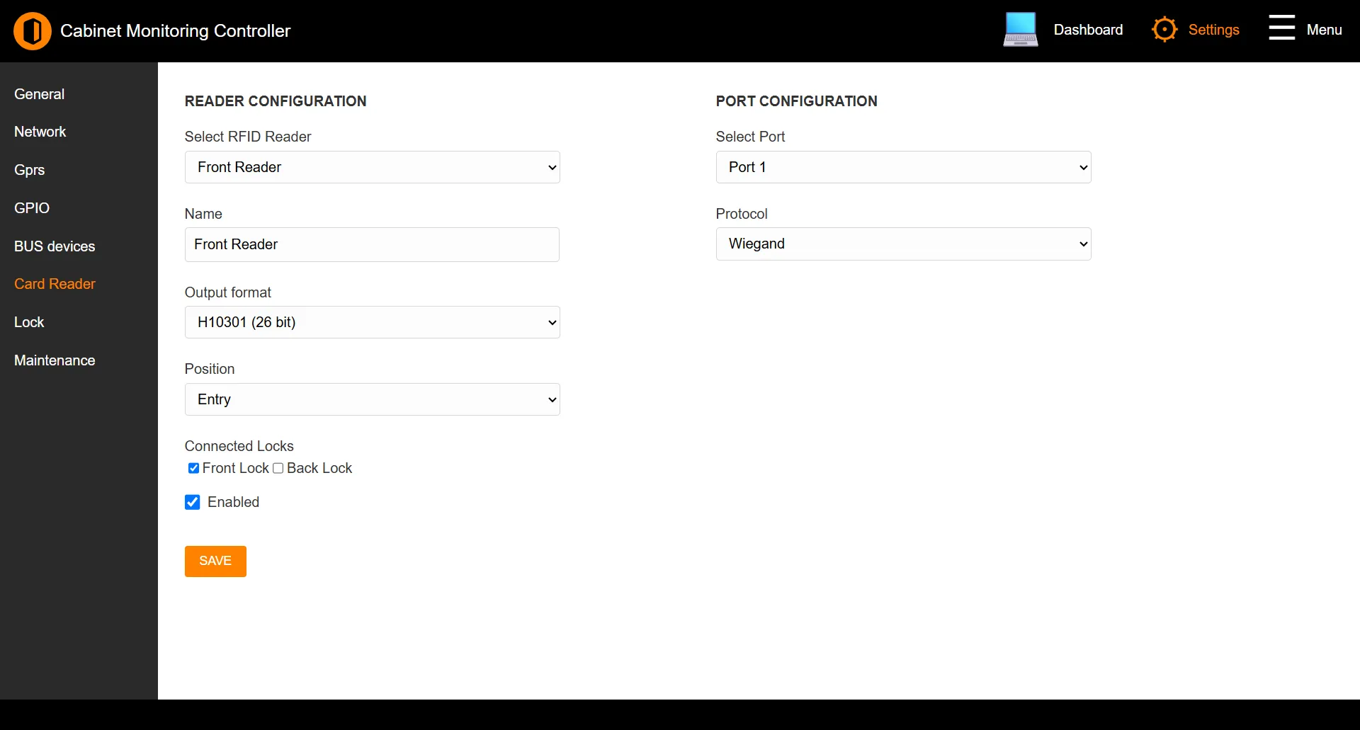 Reader Configuration page showing reader settings on the left and port configuration on the right