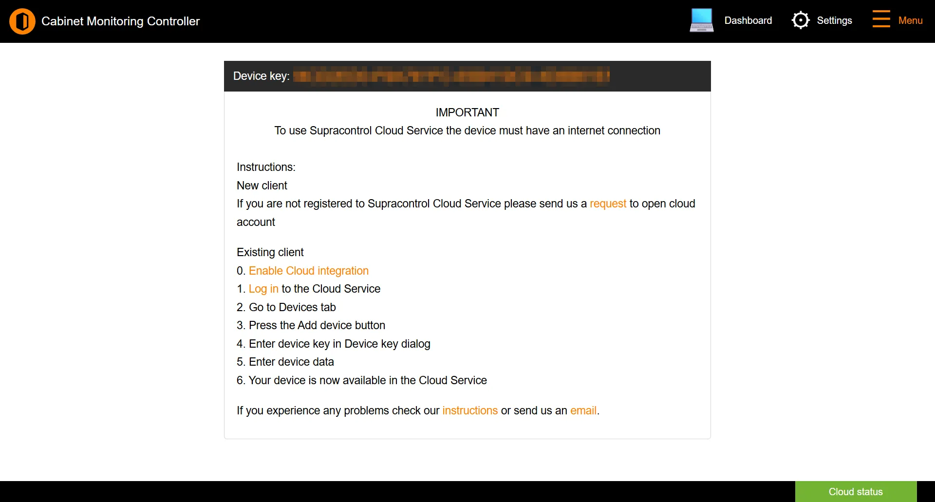 Cloud Service page showing the device key and the enrolment instructions