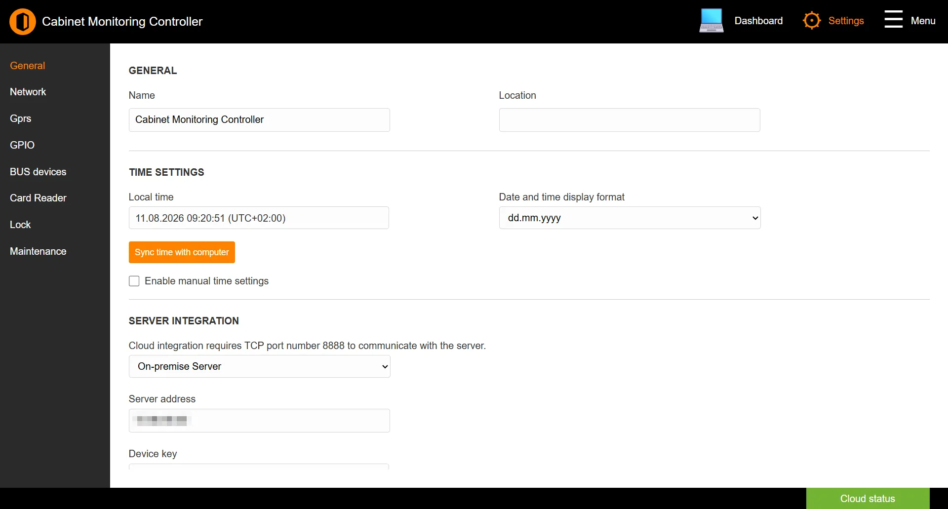 General settings page showing Name, Location, time settings, and Server Integration sections