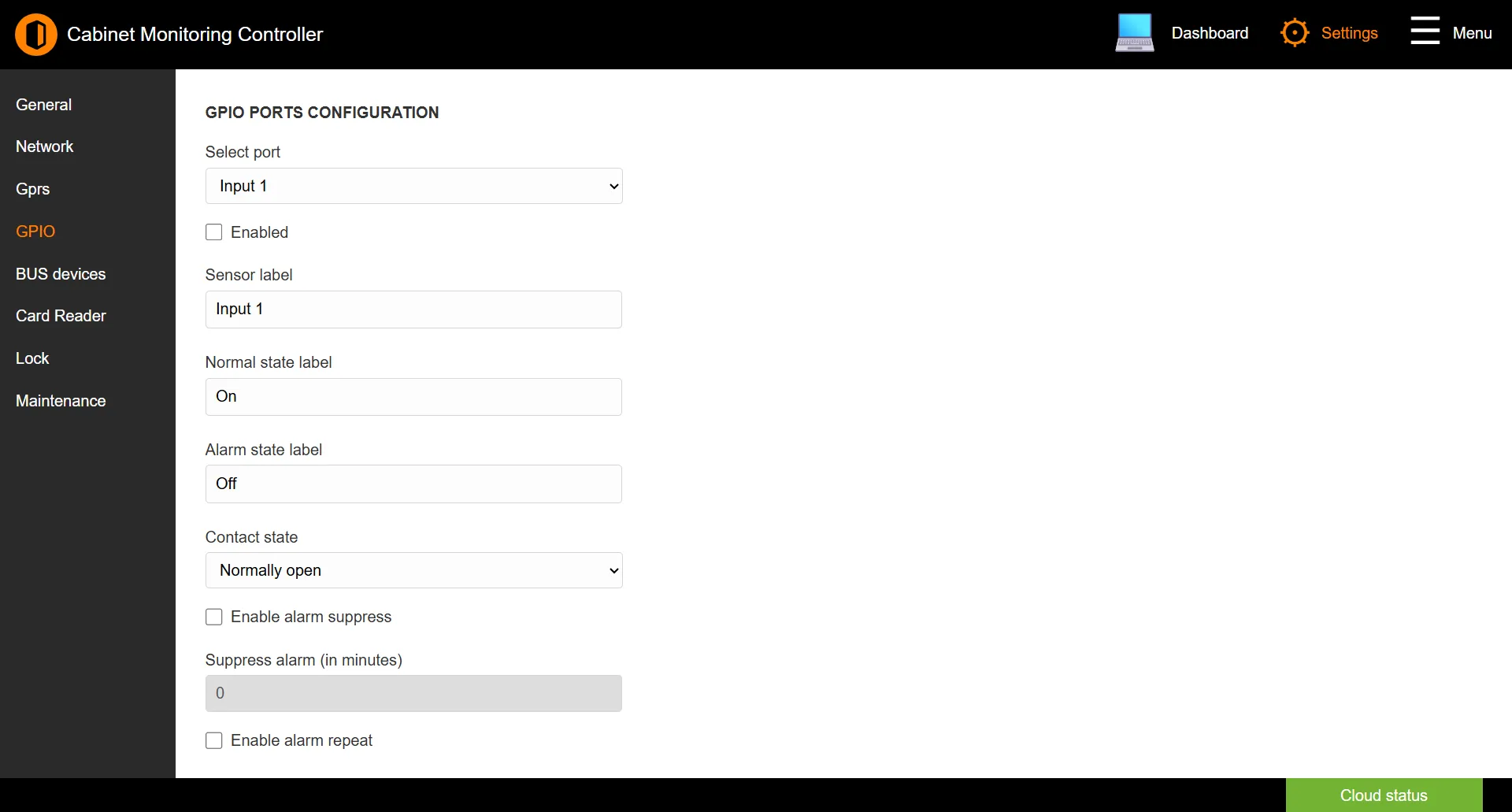 GPIO Ports Configuration page with the port selector and the input configuration fields