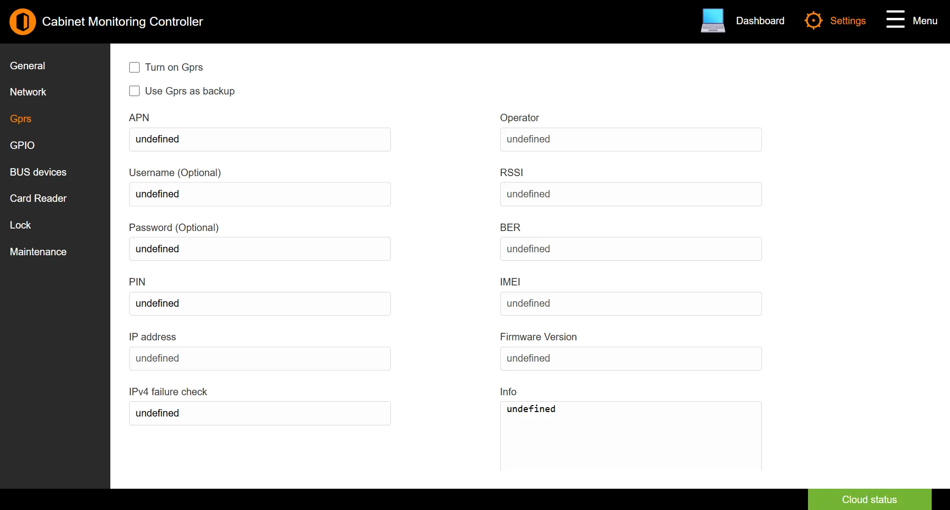 Gprs settings page showing the APN fields on the left and the read-only modem status on the right