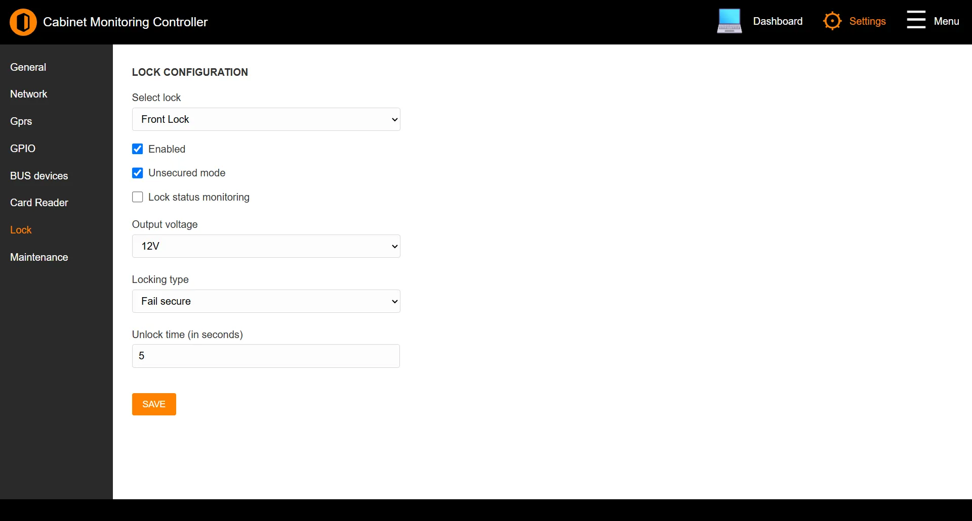 Lock Configuration page with the lock selector and its options