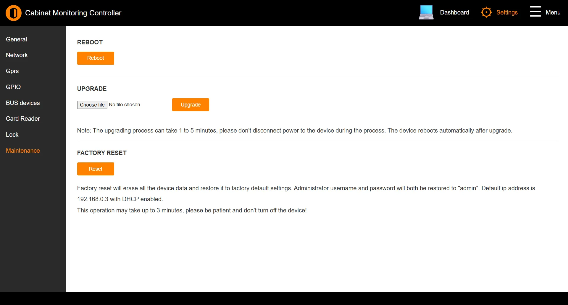 Maintenance page showing the Reboot, Upgrade, and Factory Reset sections