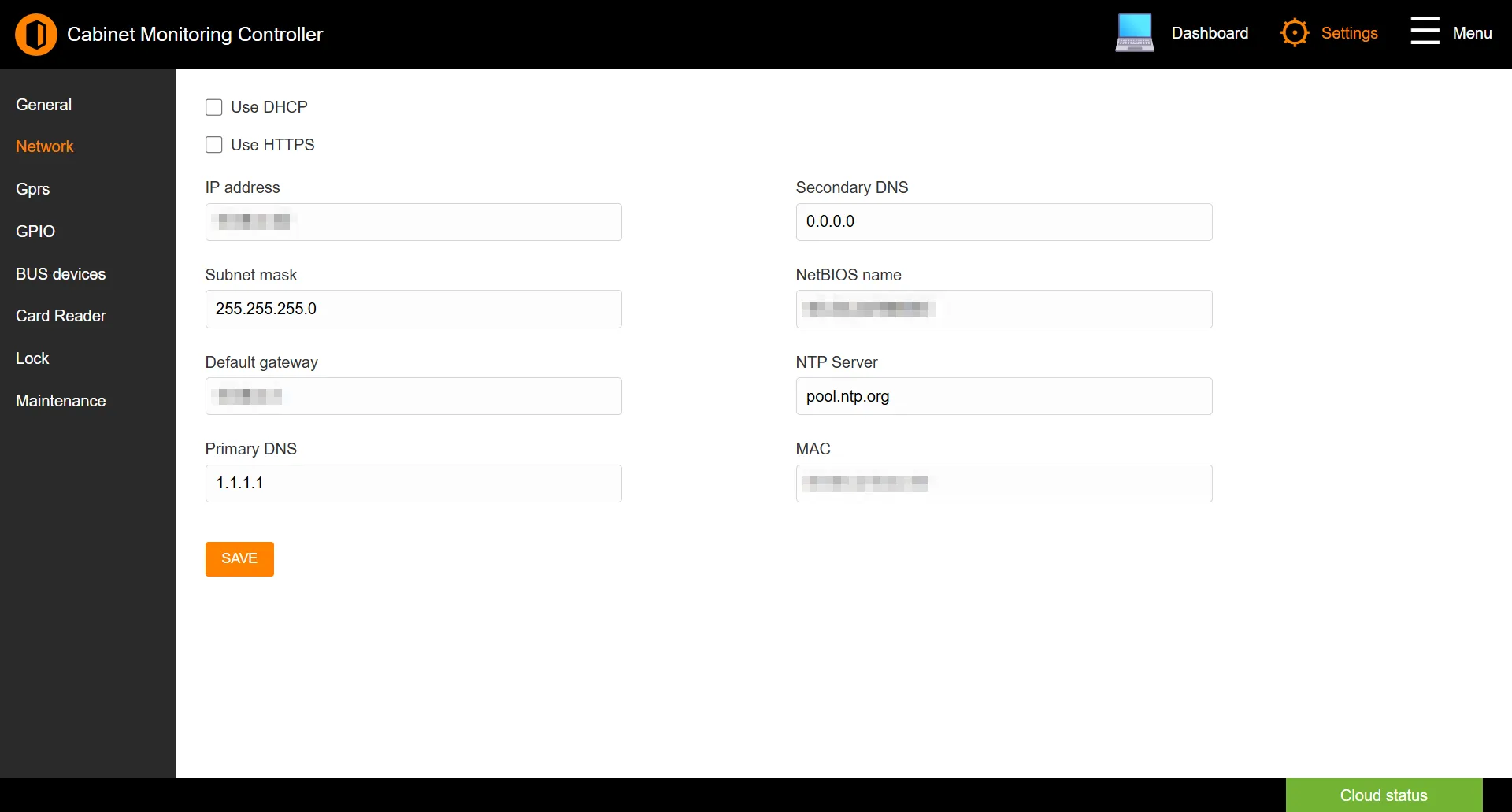 Network settings page with DHCP and HTTPS checkboxes and the IP address fields