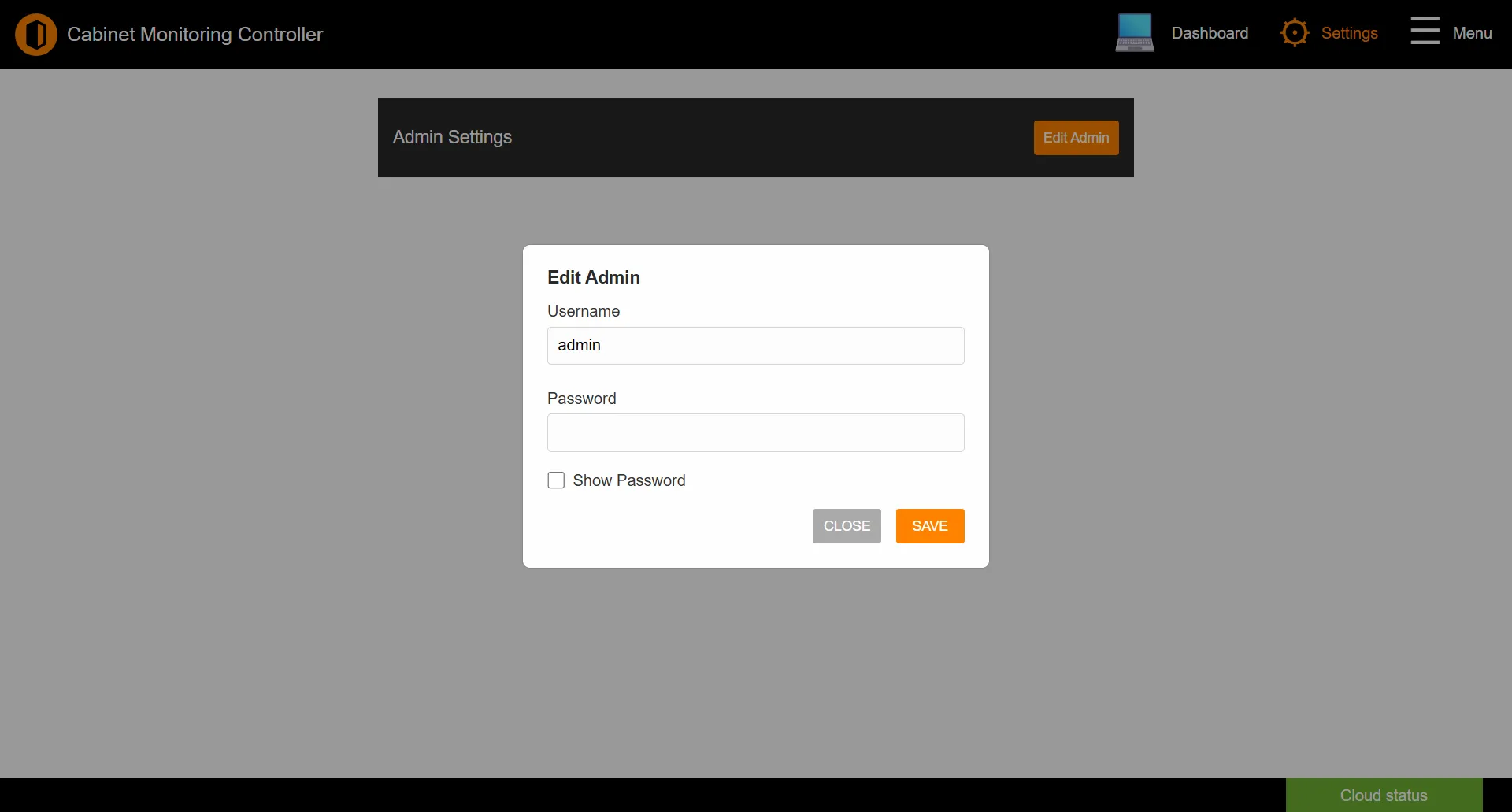 Admin Settings page with the Edit Admin button and the edit dialog open